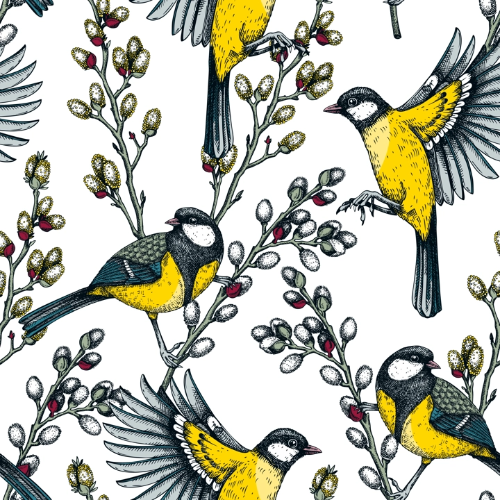 Colorful spring background. Great tits on willow branches in sketched style. Hand drawn passerine bird and flowers seamless pattern. Hand drawn wildlife design for textile, packaging, fabrics, prints